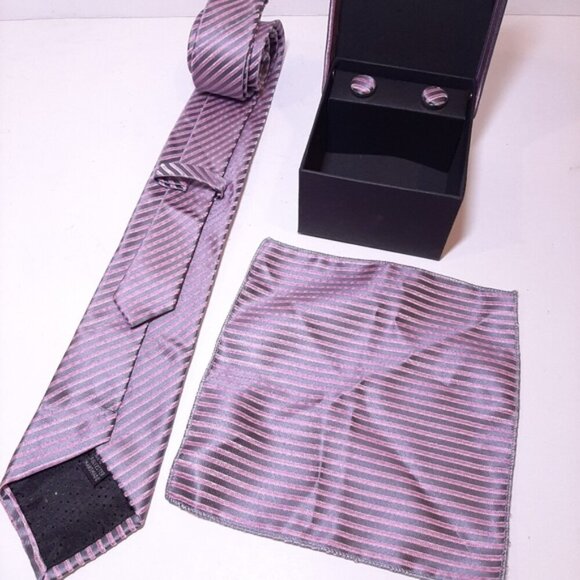 3 Pc Boxed Gift Tie Set Coordinated Print Cuff Links Pocket Square - Picture 6 of 7